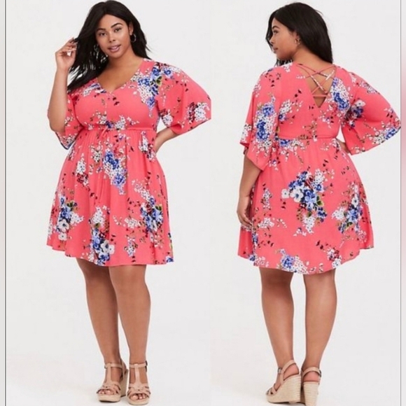torrid Dresses & Skirts - Torrid Coral Floral Mini Dress with Blue and Green Accents And Drawstring Waist